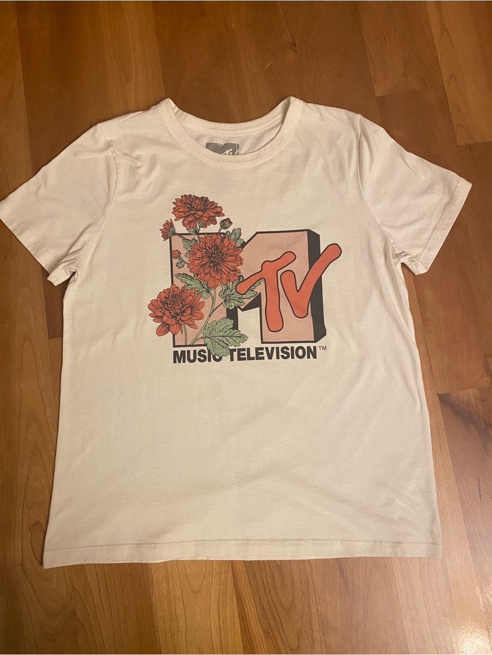 MTV Cream Tee with Pink Logo & Floral Graphic